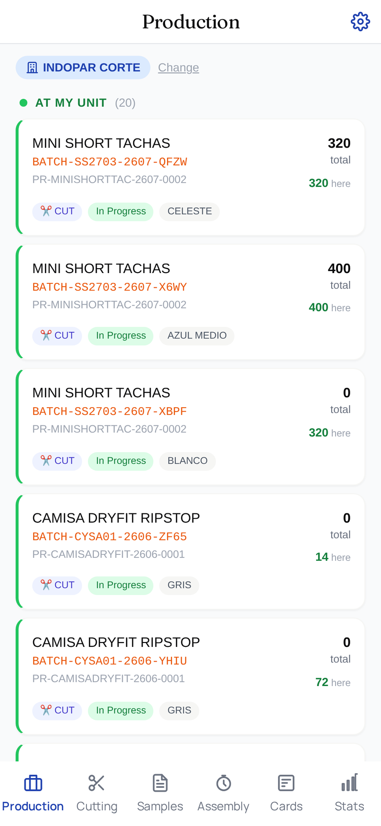The Production App on a phone: the unit chip at the top (with a Change link), the "At My Unit" batch list showing each batch's model, quantities, operation and status chips, and the bottom tab bar with Production, Machines, Samples, Assembly, Cards, and Stats.