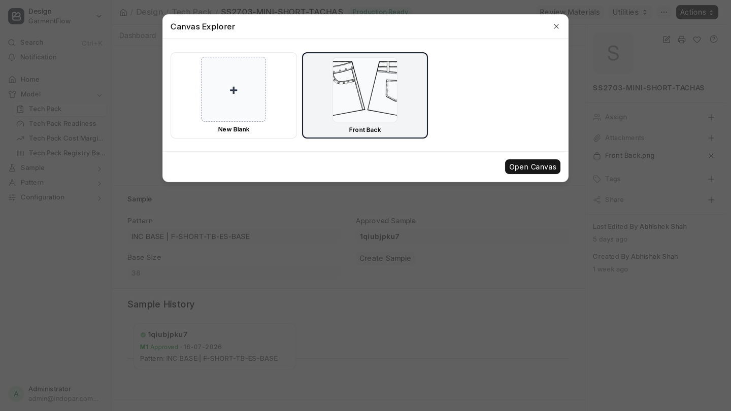 The Canvas Explorer picker open over a Tech Pack, showing a saved flat ("Front Back") selected beside the New Blank card, with the Open Canvas button below.