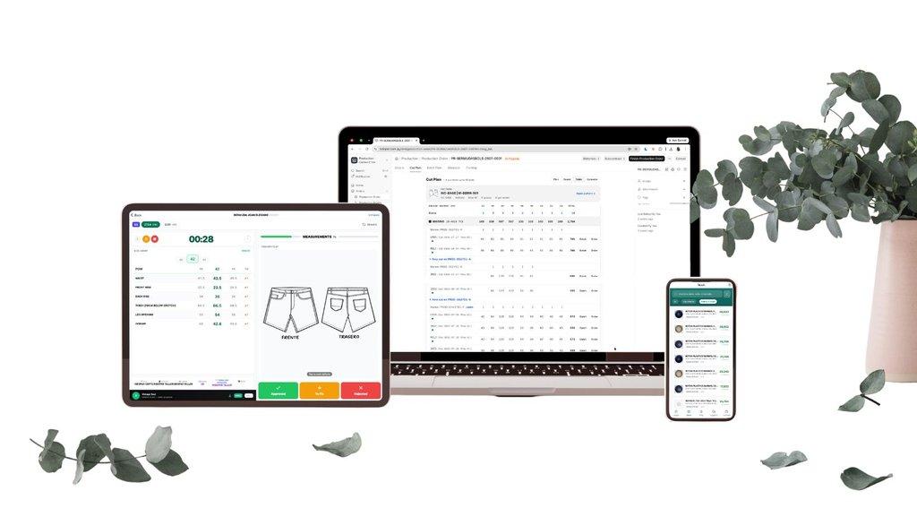 GarmentFlow ERP on a laptop, a tablet and a phone beside a printed tech pack