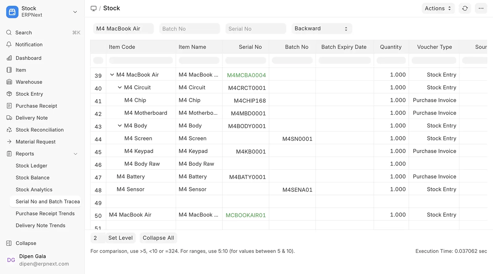 A stock ledger showing issues, transfers, returns and scrap, each valued